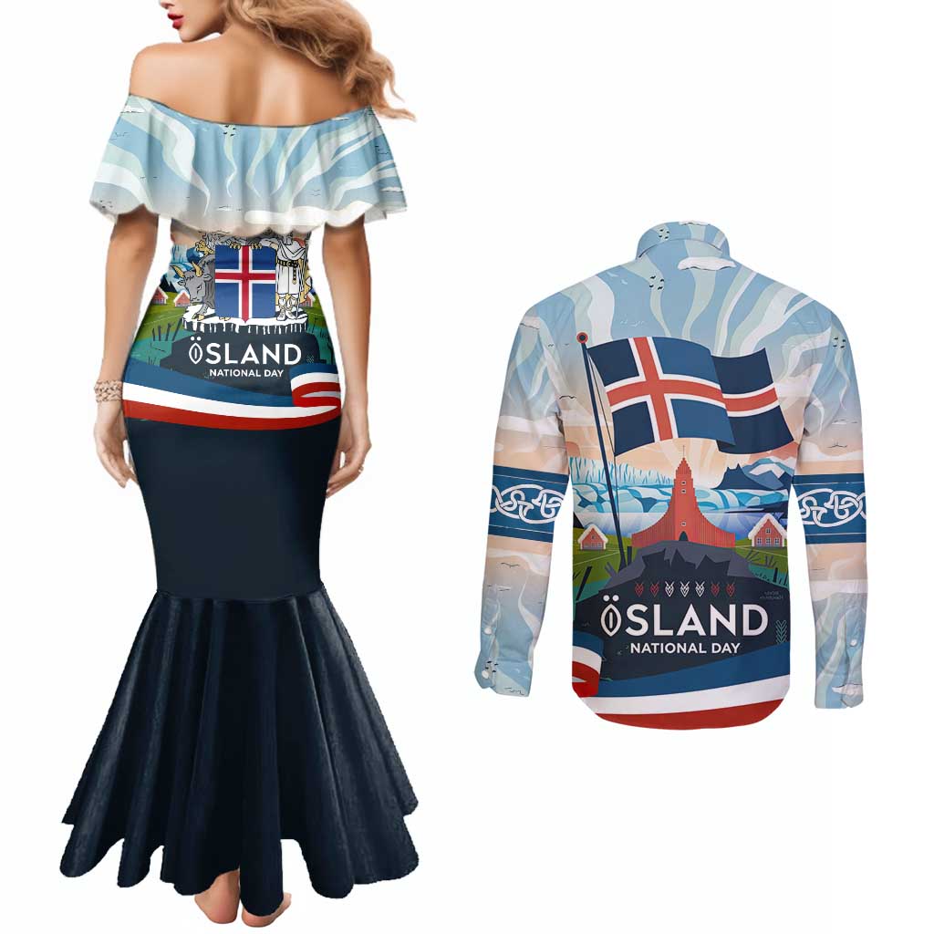 Iceland National Day Couples Matching Mermaid Dress and Long Sleeve Button Shirt with Icelandic Flag Crest and Scenic Landscape Design
