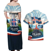Iceland National Day Couples Matching Off Shoulder Maxi Dress and Hawaiian Shirt with Icelandic Flag Crest and Scenic Landscape Design