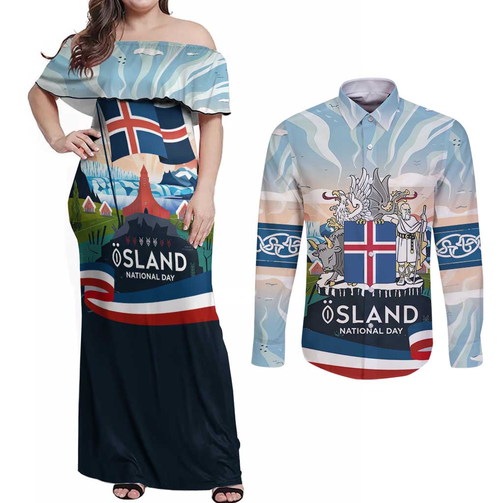 Iceland National Day Couples Matching Off Shoulder Maxi Dress and Long Sleeve Button Shirt with Icelandic Flag Crest and Scenic Landscape Design