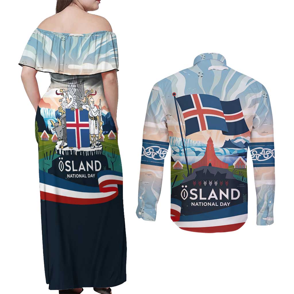 Iceland National Day Couples Matching Off Shoulder Maxi Dress and Long Sleeve Button Shirt with Icelandic Flag Crest and Scenic Landscape Design