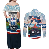 Iceland National Day Couples Matching Off Shoulder Maxi Dress and Long Sleeve Button Shirt with Icelandic Flag Crest and Scenic Landscape Design