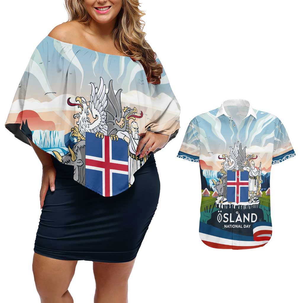 Iceland National Day Couples Matching Off Shoulder Short Dress and Hawaiian Shirt with Icelandic Flag Crest and Scenic Landscape Design