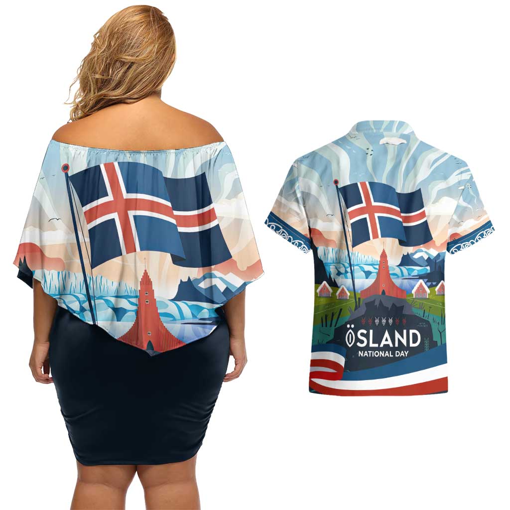 Iceland National Day Couples Matching Off Shoulder Short Dress and Hawaiian Shirt with Icelandic Flag Crest and Scenic Landscape Design