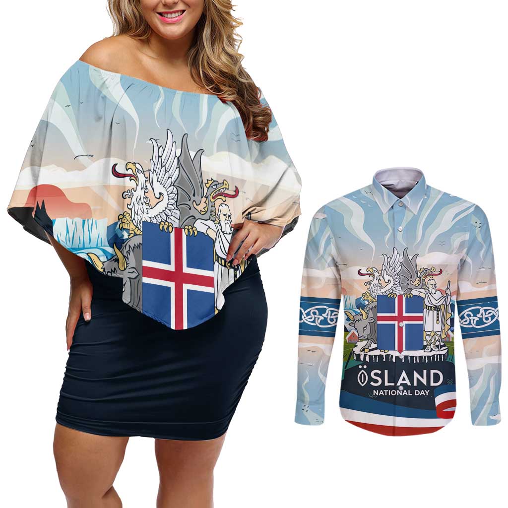 Iceland National Day Couples Matching Off Shoulder Short Dress and Long Sleeve Button Shirt with Icelandic Flag Crest and Scenic Landscape Design
