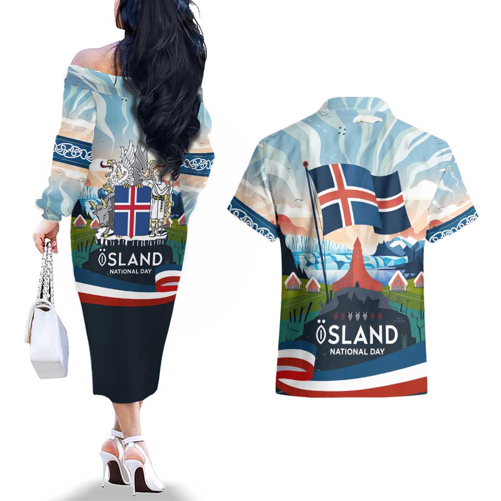 Iceland National Day Couples Matching Off The Shoulder Long Sleeve Dress and Hawaiian Shirt with Icelandic Flag Crest and Scenic Landscape Design