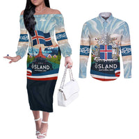 Iceland National Day Couples Matching Off The Shoulder Long Sleeve Dress and Long Sleeve Button Shirt with Icelandic Flag Crest and Scenic Landscape Design