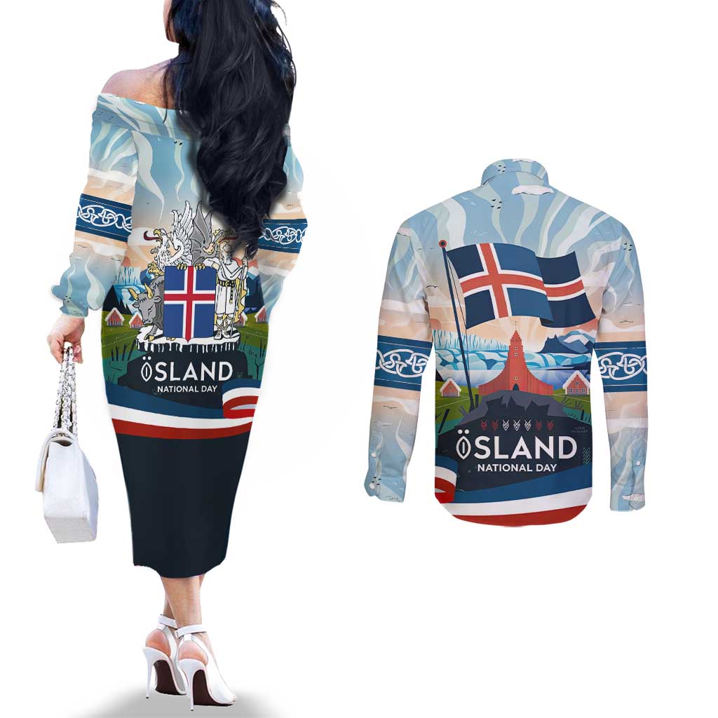 Iceland National Day Couples Matching Off The Shoulder Long Sleeve Dress and Long Sleeve Button Shirt with Icelandic Flag Crest and Scenic Landscape Design