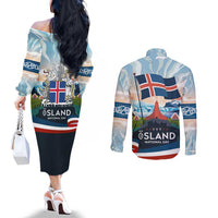 Iceland National Day Couples Matching Off The Shoulder Long Sleeve Dress and Long Sleeve Button Shirt with Icelandic Flag Crest and Scenic Landscape Design