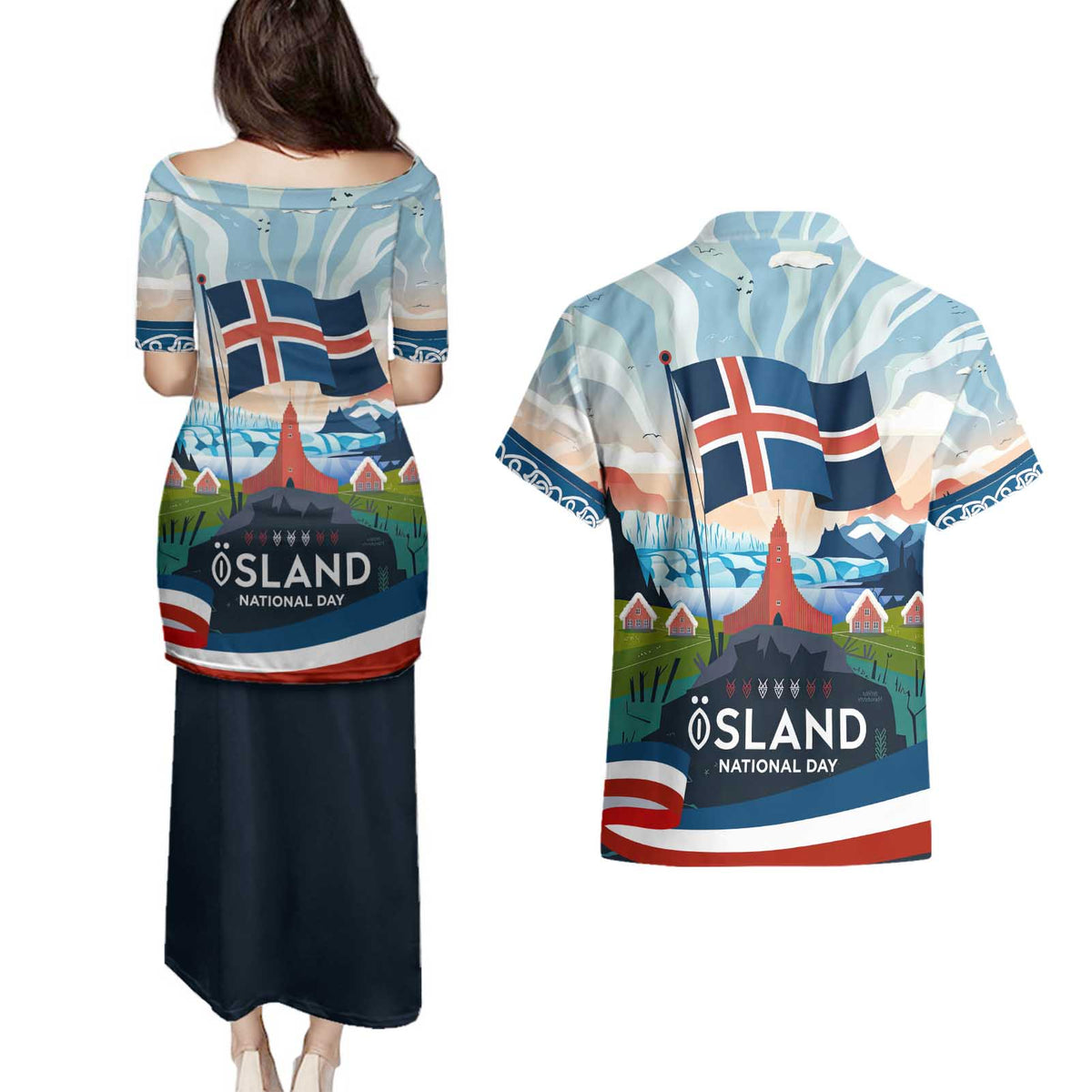 Iceland National Day Couples Matching Puletasi and Hawaiian Shirt with Icelandic Flag Crest and Scenic Landscape Design