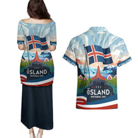 Iceland National Day Couples Matching Puletasi and Hawaiian Shirt with Icelandic Flag Crest and Scenic Landscape Design