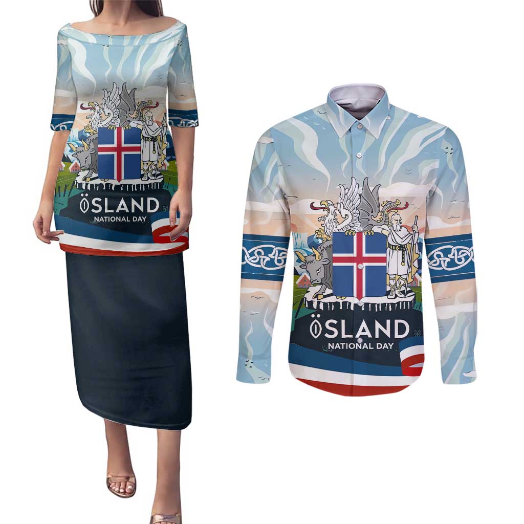 Iceland National Day Couples Matching Puletasi and Long Sleeve Button Shirt with Icelandic Flag Crest and Scenic Landscape Design