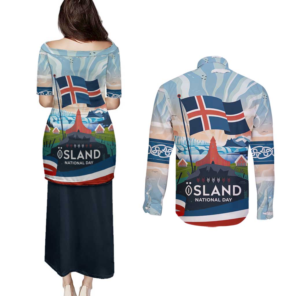 Iceland National Day Couples Matching Puletasi and Long Sleeve Button Shirt with Icelandic Flag Crest and Scenic Landscape Design