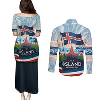 Iceland National Day Couples Matching Puletasi and Long Sleeve Button Shirt with Icelandic Flag Crest and Scenic Landscape Design