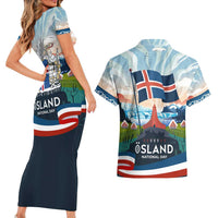Iceland National Day Couples Matching Short Sleeve Bodycon Dress and Hawaiian Shirt with Icelandic Flag Crest and Scenic Landscape Design