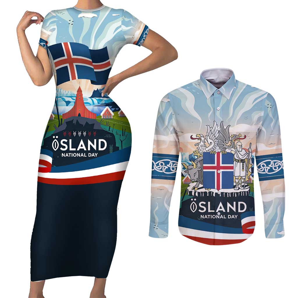Iceland National Day Couples Matching Short Sleeve Bodycon Dress and Long Sleeve Button Shirt with Icelandic Flag Crest and Scenic Landscape Design