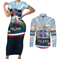 Iceland National Day Couples Matching Short Sleeve Bodycon Dress and Long Sleeve Button Shirt with Icelandic Flag Crest and Scenic Landscape Design