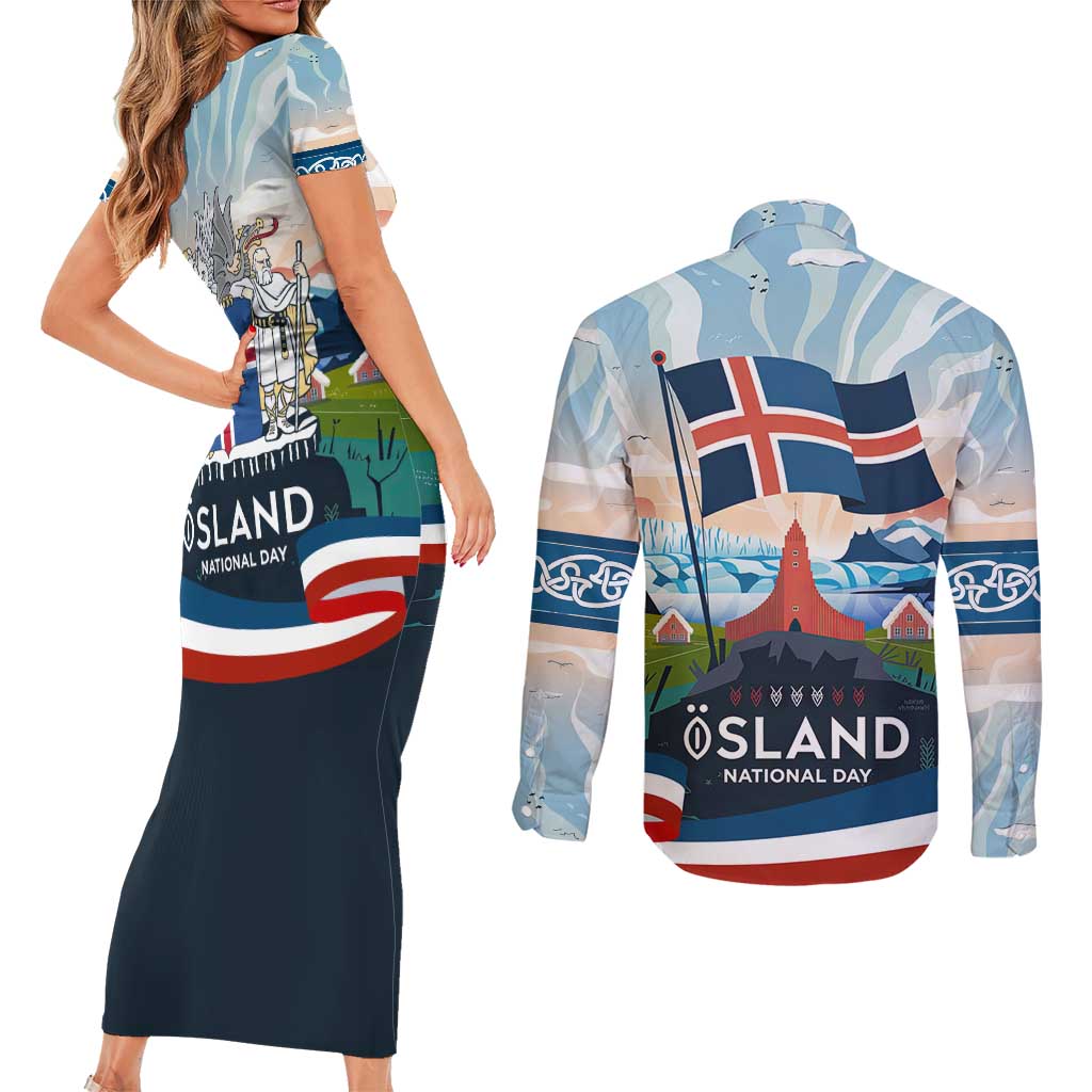 Iceland National Day Couples Matching Short Sleeve Bodycon Dress and Long Sleeve Button Shirt with Icelandic Flag Crest and Scenic Landscape Design