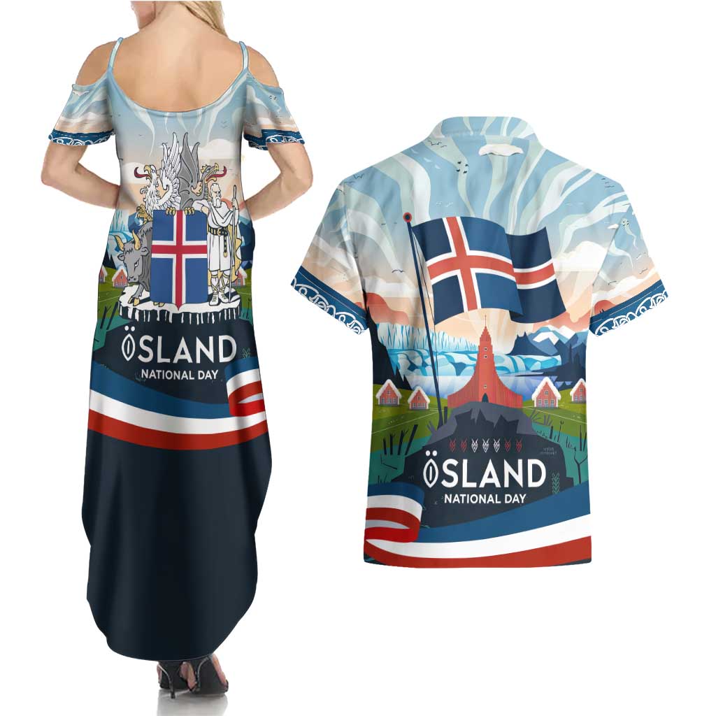 Iceland National Day Couples Matching Summer Maxi Dress and Hawaiian Shirt with Icelandic Flag Crest and Scenic Landscape Design