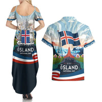 Iceland National Day Couples Matching Summer Maxi Dress and Hawaiian Shirt with Icelandic Flag Crest and Scenic Landscape Design