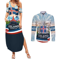 Iceland National Day Couples Matching Summer Maxi Dress and Long Sleeve Button Shirt with Icelandic Flag Crest and Scenic Landscape Design