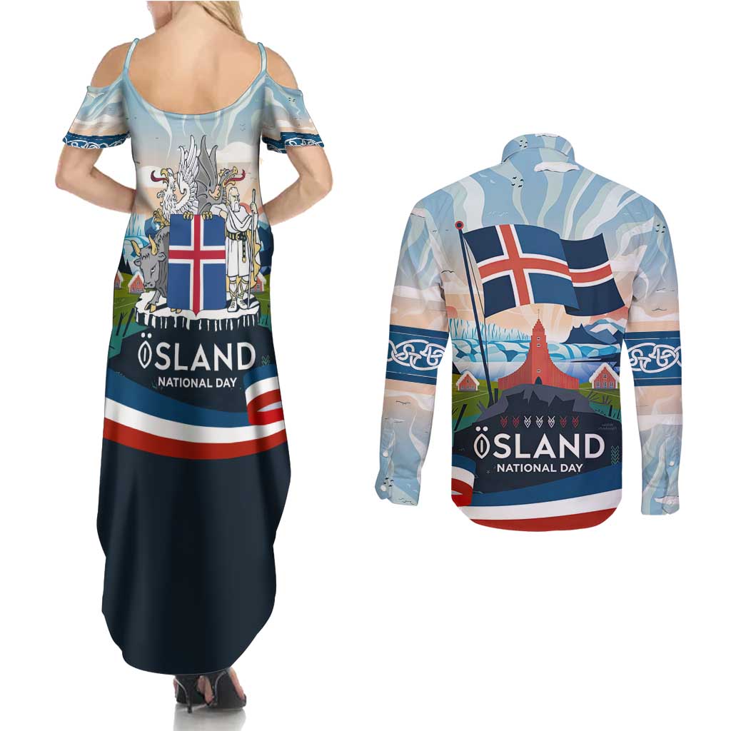 Iceland National Day Couples Matching Summer Maxi Dress and Long Sleeve Button Shirt with Icelandic Flag Crest and Scenic Landscape Design