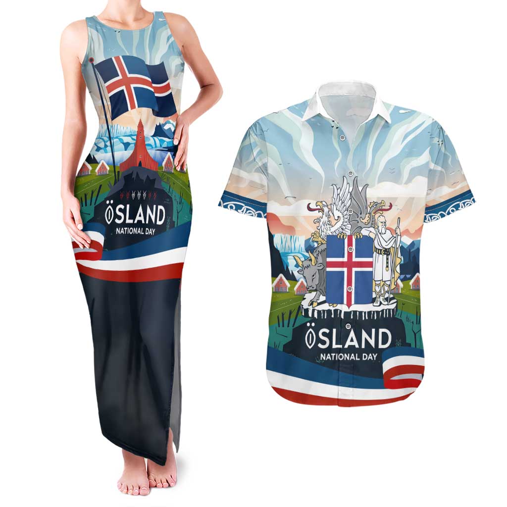 Iceland National Day Couples Matching Tank Maxi Dress and Hawaiian Shirt with Icelandic Flag Crest and Scenic Landscape Design