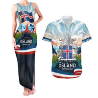 Iceland National Day Couples Matching Tank Maxi Dress and Hawaiian Shirt with Icelandic Flag Crest and Scenic Landscape Design