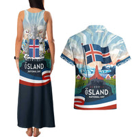 Iceland National Day Couples Matching Tank Maxi Dress and Hawaiian Shirt with Icelandic Flag Crest and Scenic Landscape Design