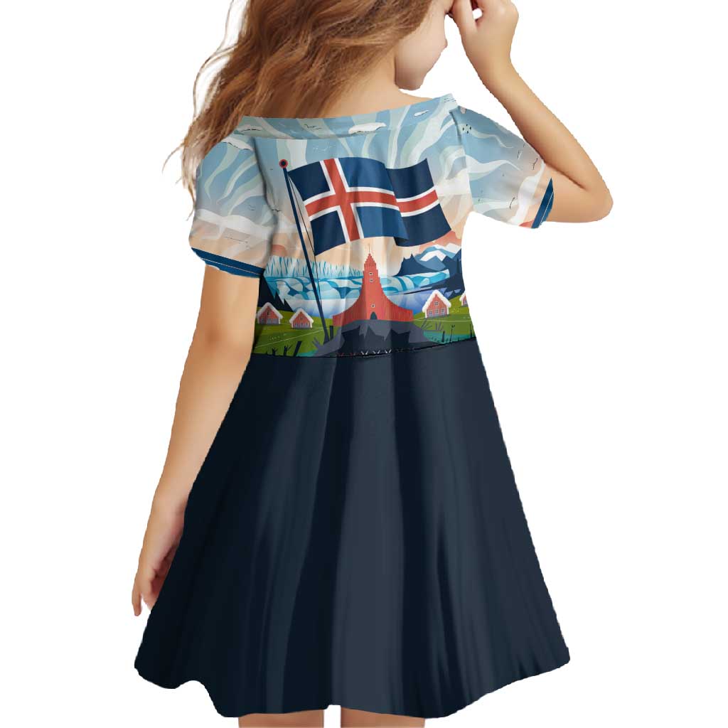 Iceland National Day Family Matching Long Sleeve Bodycon Dress and Hawaiian Shirt with Icelandic Flag Crest and Scenic Landscape Design