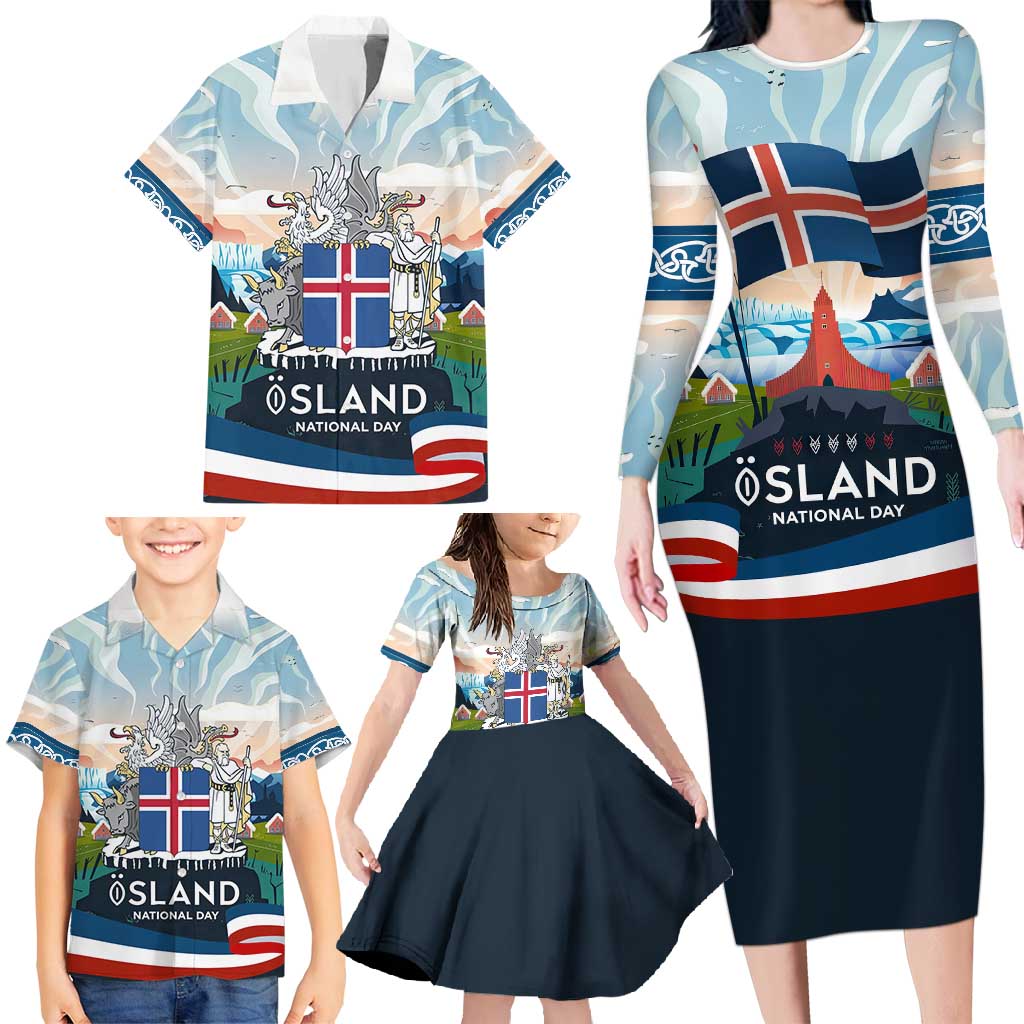 Iceland National Day Family Matching Long Sleeve Bodycon Dress and Hawaiian Shirt with Icelandic Flag Crest and Scenic Landscape Design