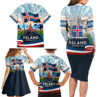 Iceland National Day Family Matching Long Sleeve Bodycon Dress and Hawaiian Shirt with Icelandic Flag Crest and Scenic Landscape Design