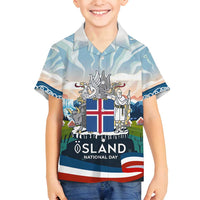 Iceland National Day Family Matching Long Sleeve Bodycon Dress and Hawaiian Shirt with Icelandic Flag Crest and Scenic Landscape Design