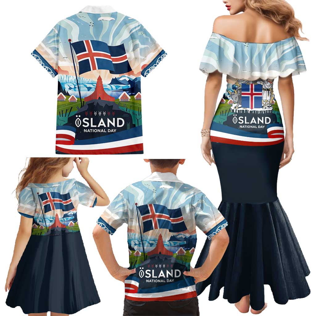 Iceland National Day Family Matching Mermaid Dress and Hawaiian Shirt with Icelandic Flag Crest and Scenic Landscape Design