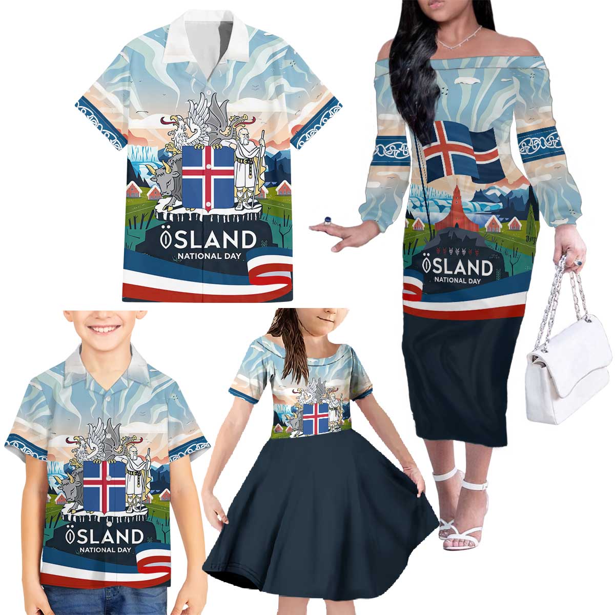 Iceland National Day Family Matching Off The Shoulder Long Sleeve Dress and Hawaiian Shirt with Icelandic Flag Crest and Scenic Landscape Design