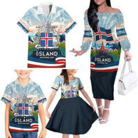 Iceland National Day Family Matching Off The Shoulder Long Sleeve Dress and Hawaiian Shirt with Icelandic Flag Crest and Scenic Landscape Design