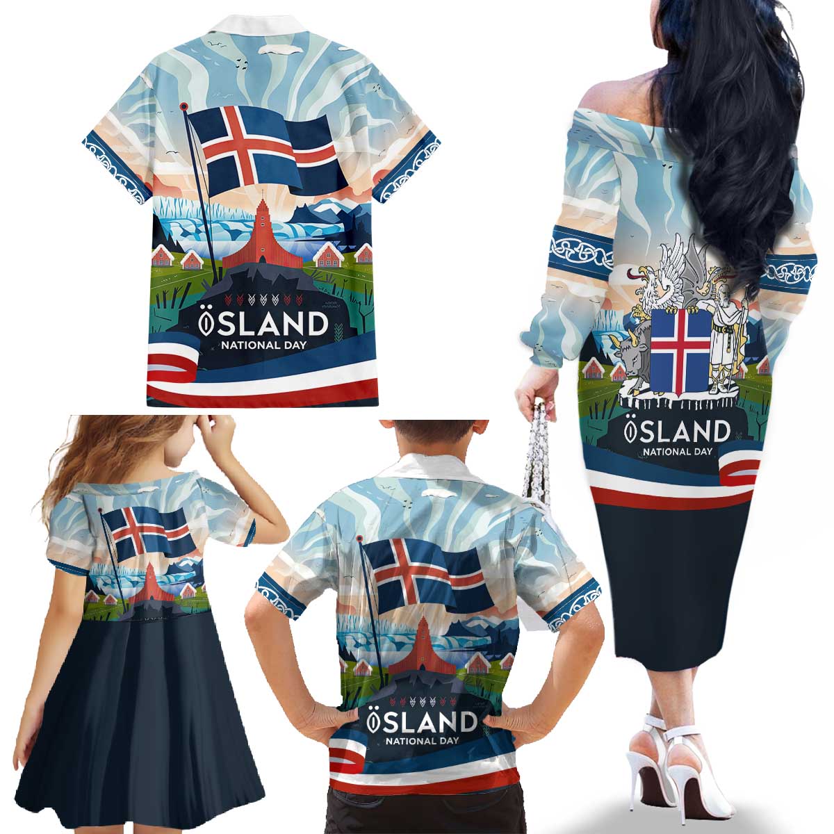 Iceland National Day Family Matching Off The Shoulder Long Sleeve Dress and Hawaiian Shirt with Icelandic Flag Crest and Scenic Landscape Design
