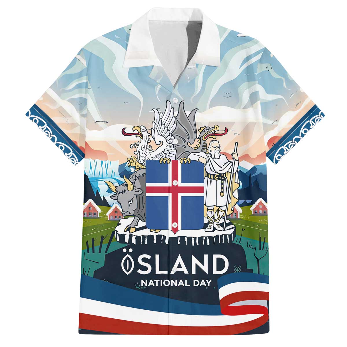 Iceland National Day Family Matching Off The Shoulder Long Sleeve Dress and Hawaiian Shirt with Icelandic Flag Crest and Scenic Landscape Design