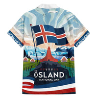 Iceland National Day Family Matching Off The Shoulder Long Sleeve Dress and Hawaiian Shirt with Icelandic Flag Crest and Scenic Landscape Design