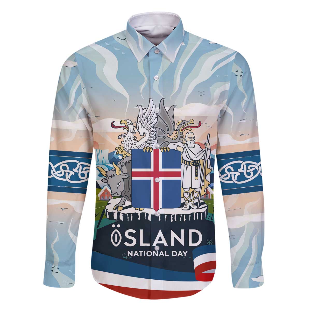 Iceland National Day Family Matching Off The Shoulder Long Sleeve Dress and Hawaiian Shirt with Icelandic Flag Crest and Scenic Landscape Design