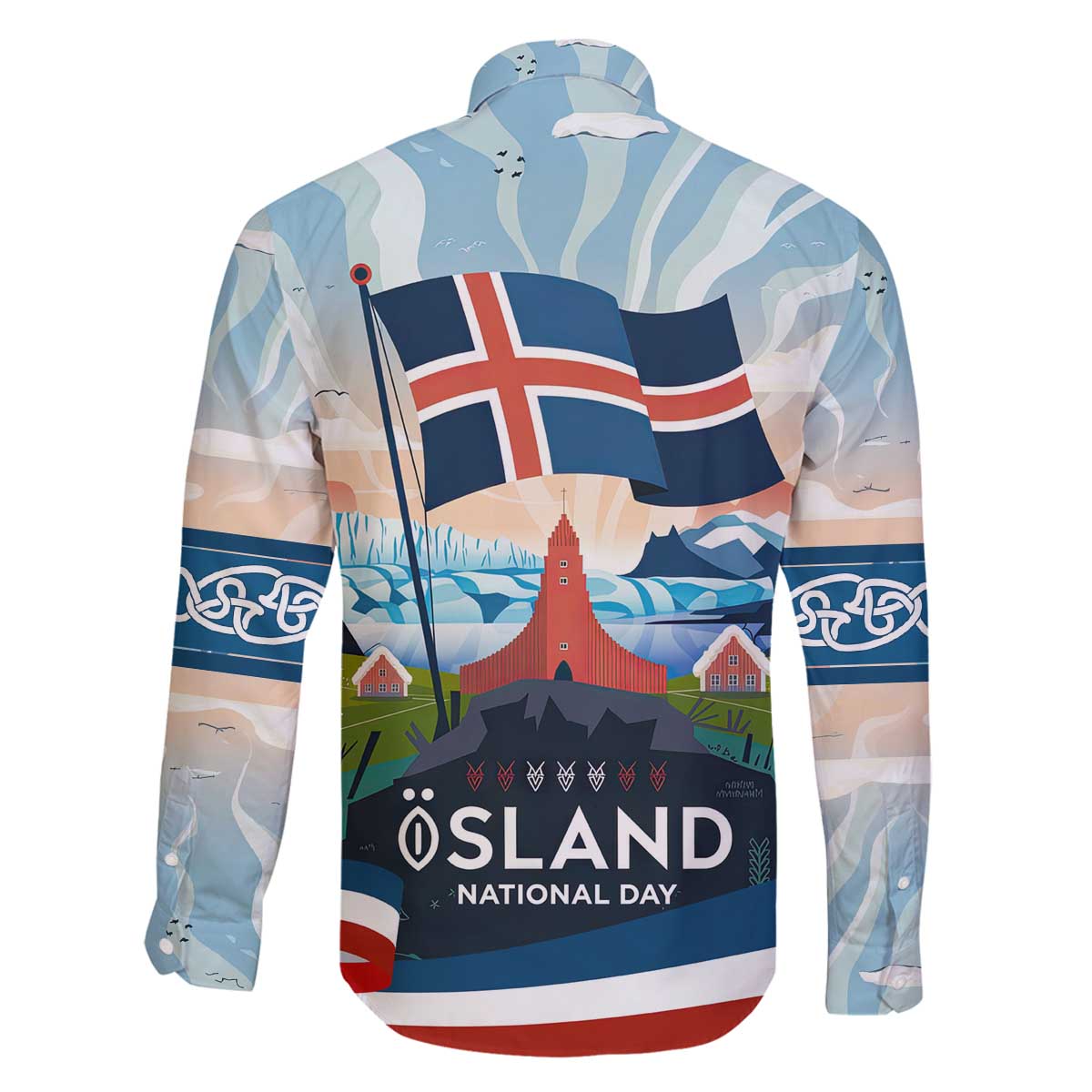 Iceland National Day Family Matching Off The Shoulder Long Sleeve Dress and Hawaiian Shirt with Icelandic Flag Crest and Scenic Landscape Design