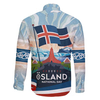 Iceland National Day Family Matching Off The Shoulder Long Sleeve Dress and Hawaiian Shirt with Icelandic Flag Crest and Scenic Landscape Design