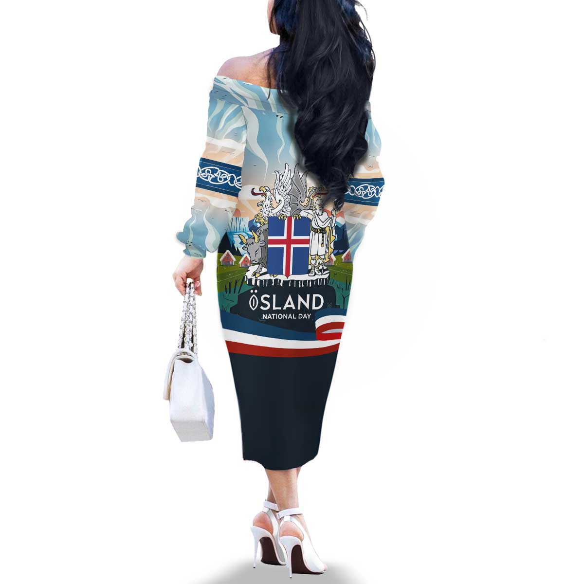 Iceland National Day Family Matching Off The Shoulder Long Sleeve Dress and Hawaiian Shirt with Icelandic Flag Crest and Scenic Landscape Design