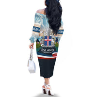 Iceland National Day Family Matching Off The Shoulder Long Sleeve Dress and Hawaiian Shirt with Icelandic Flag Crest and Scenic Landscape Design