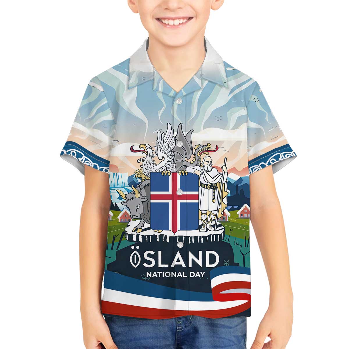 Iceland National Day Family Matching Off The Shoulder Long Sleeve Dress and Hawaiian Shirt with Icelandic Flag Crest and Scenic Landscape Design