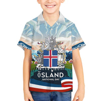 Iceland National Day Family Matching Off The Shoulder Long Sleeve Dress and Hawaiian Shirt with Icelandic Flag Crest and Scenic Landscape Design