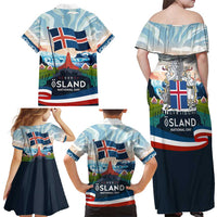 Iceland National Day Family Matching Off Shoulder Maxi Dress and Hawaiian Shirt with Icelandic Flag Crest and Scenic Landscape Design