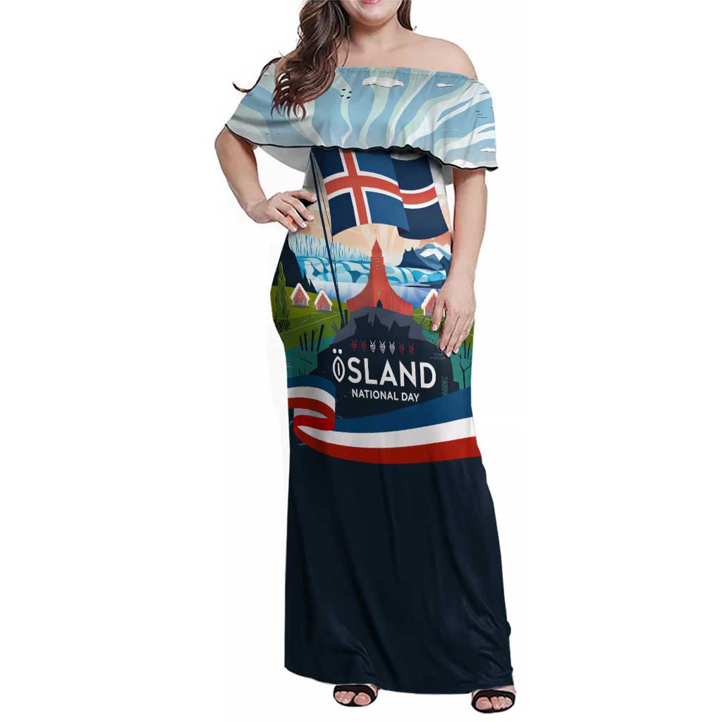 Iceland National Day Family Matching Off Shoulder Maxi Dress and Hawaiian Shirt with Icelandic Flag Crest and Scenic Landscape Design