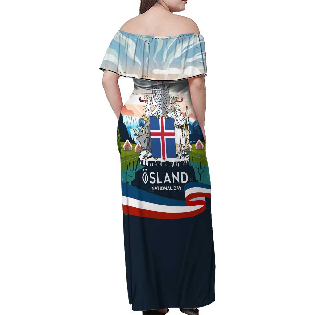 Iceland National Day Family Matching Off Shoulder Maxi Dress and Hawaiian Shirt with Icelandic Flag Crest and Scenic Landscape Design
