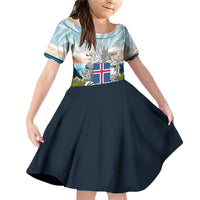 Iceland National Day Family Matching Off Shoulder Short Dress and Hawaiian Shirt with Icelandic Flag Crest and Scenic Landscape Design