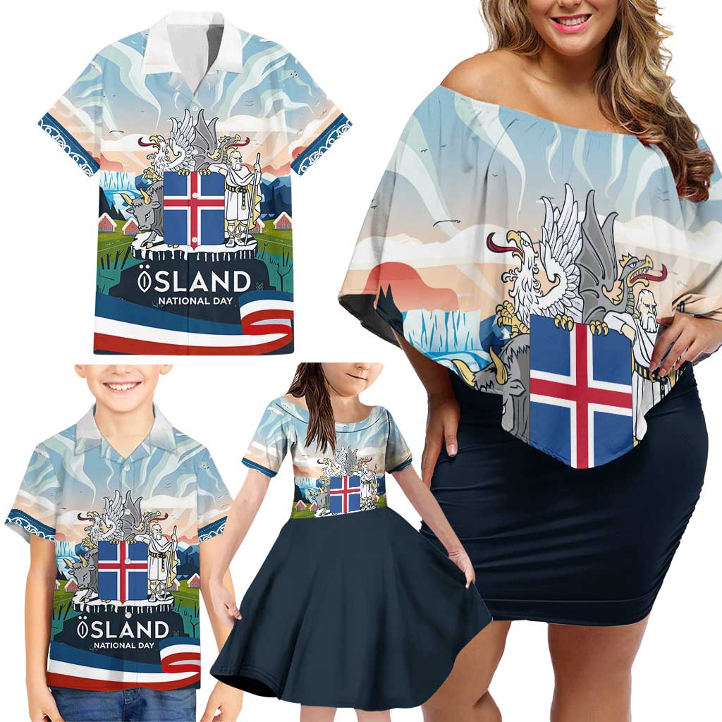 Iceland National Day Family Matching Off Shoulder Short Dress and Hawaiian Shirt with Icelandic Flag Crest and Scenic Landscape Design